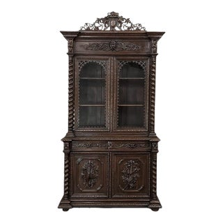 19th Century French Carved Oak Hunt Bookcase With Barley Twist Columns For Sale