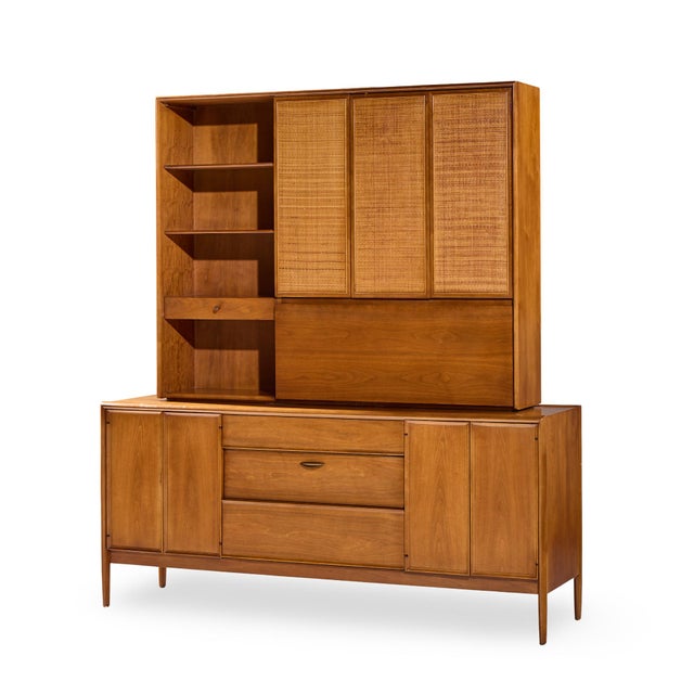 Mid-Century Modern Barney Flagg for Drexel Parallel Mid Century Walnut and Cane Credenza and Hutch For Sale - Image 3 of 15