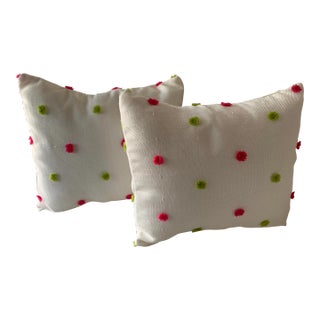 Contemporary Custom Pink & Green Pom Pom Accent Pillows- a Pair For Sale