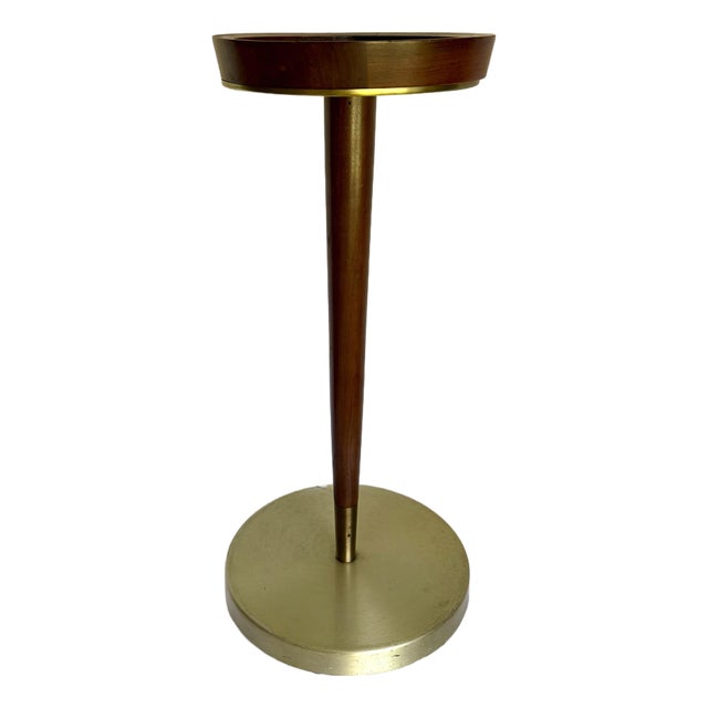 Mid-Century Modern Walnut, Brushed Gold & Cast Iron Smoking Stand Pedestal Table For Sale
