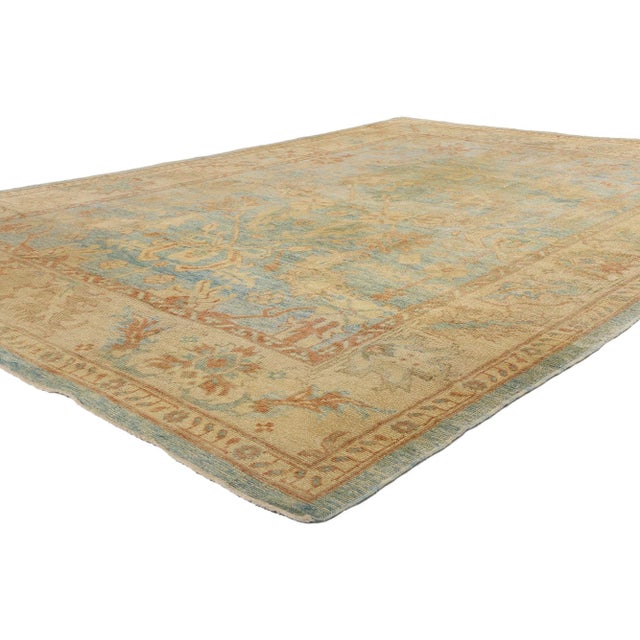 76891 Vintage Modern Azure Turkish Oushak Rug, 09'02 x 12'11. Awash in the serenity of sunlit skies and ancient sands,...