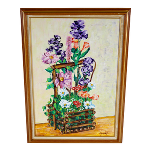 Original Painting of a Floral Arrangement in a Wooden Basket by "Stanley"