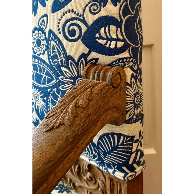 Antique Spanish Carved Wood Armchair — Reupholstered in Schumacher-Style Blue & White Botanical For Sale - Image 4 of 5