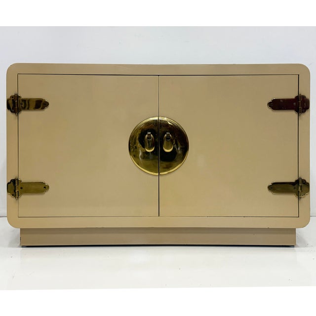 Brass 1970s Lacquered Asian Inspired Mastercraft Cabinet, Overscale Brass Hardware For Sale - Image 8 of 9