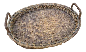 Oval Shaped Natural Bamboo Rattan Woven Wicker Tray With Handles