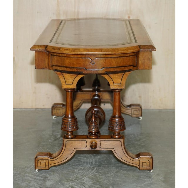 Antique Carved Burl Walnut and Green Leather Coffee Table, 1880 For Sale - Image 17 of 18