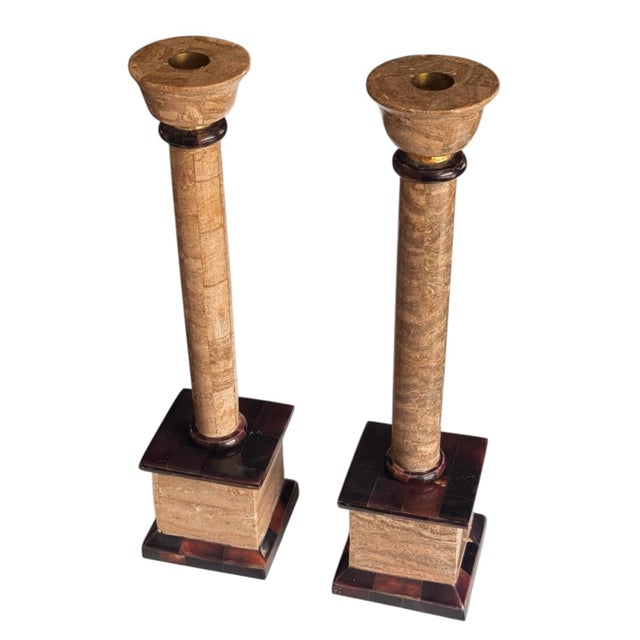 Metal Late 20th Century Neoclassical Travertine Candlestick Holders, Pair For Sale - Image 7 of 9