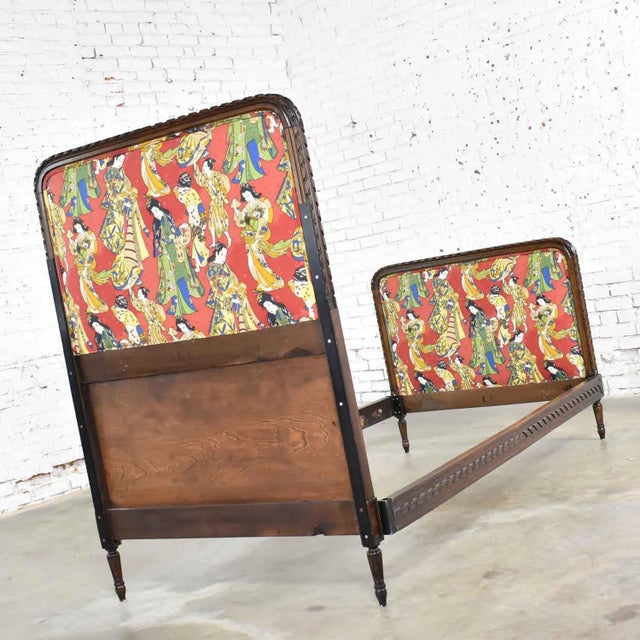 French Antique French Carved Walnut and Upholstered Twin Bed With Asian Figural Fabric For Sale - Image 3 of 12