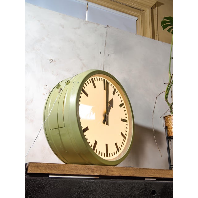 Double-Faced Illuminated Railway Station Clock with Green Quartz Conversion from RFT, Germany, 1950s For Sale - Image 14 of 14