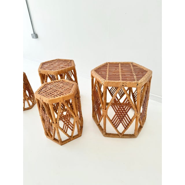 1970s Hexagonal Rattan Stools in Geometric, Woven Lattice Design, 1970s, Set of 4 For Sale - Image 5 of 12