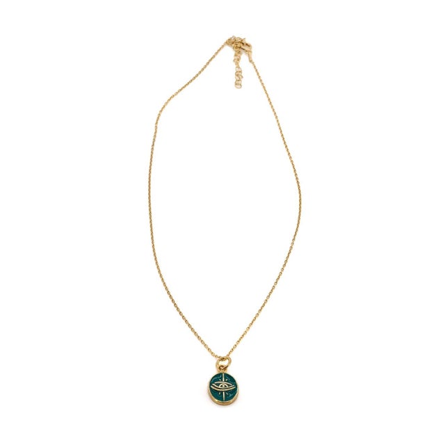Early 21st Century Green Enamel Evil Eye Minimalist Gold Protective Necklace For Sale - Image 5 of 8