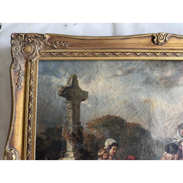 Paint 1899 Irma Vauthier Antique Oil Painting European Genre Scene by Gilt Frame For Sale - Image 7 of 15