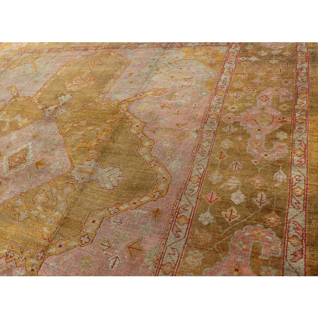 Late 19th Century Squared Shape Antique Oushak Rug in Green, Marigold, Cream and Pink Color For Sale - Image 5 of 17