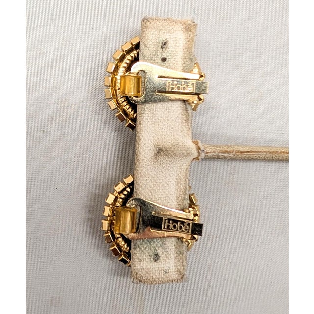 Metal Vintage 1960s Signed Hobe Round Goldtone Red Aurora Borealis & Clear Rhinestone Clip Earrings-2 Pieces For Sale - Image 7 of 8