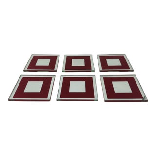 Vintage 1980s Mirrored Glass Coasters - Maroon Border & Polished Edges - Flat Square Barware With Rubber Feet - Set of 6 For Sale