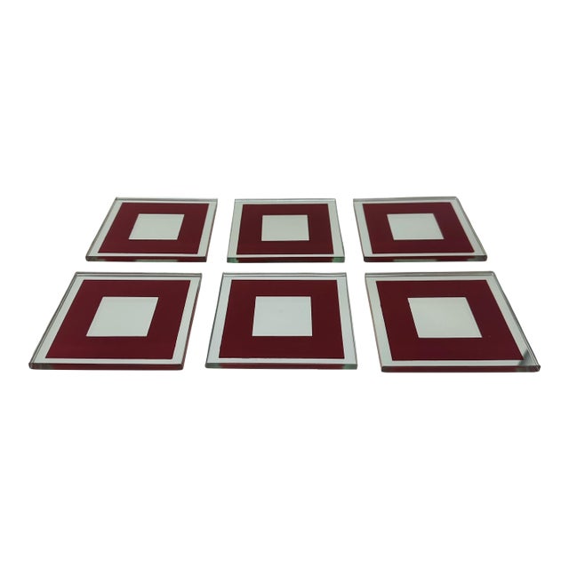 Vintage 1980s Mirrored Glass Coasters - Maroon Border & Polished Edges - Flat Square Barware With Rubber Feet - Set of 6 For Sale