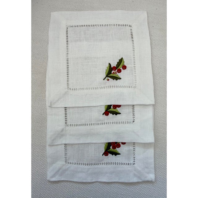 Vintage exquisite set of six never used, natural pure white linen hemstitched embroidered with mistletoe motif, Christmas...