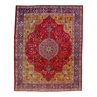 1920s Medallion Handmade Antique Persian Tabriz Wool Rug With Red Field For Sale
