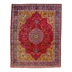 1920s Medallion Handmade Antique Persian Tabriz Wool Rug With Red Field