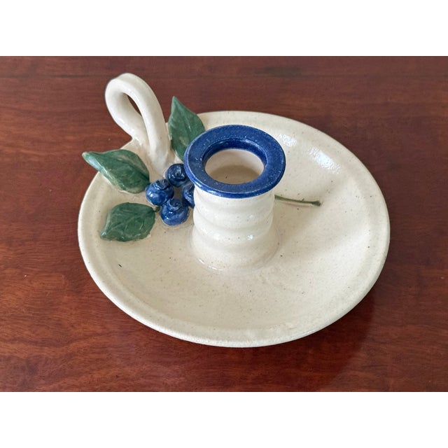 New England Blueberry Relief Studio Pottery Candleholder For Sale - Image 4 of 6