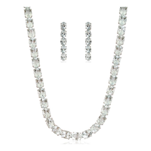 19th Century Style 100.3 Ct Aquamarine Silver Rivière 18 Inch Necklace & Drop Earrings - 3 Pieces For Sale