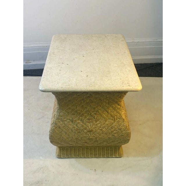 Stone 1980s Modern Travertine & Wicker Corseted Tables - A Pair For Sale - Image 7 of 11