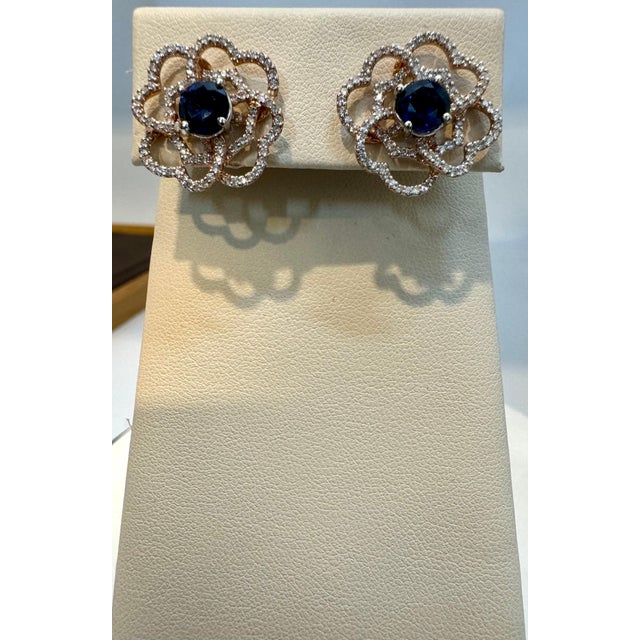 1 Carat Each Sapphire Diamond Flower/Cluster Earring 14 Karat Rose Gold For Sale - Image 9 of 18