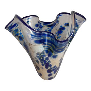 Vintage MCM Paul Bendzunas Signed 7" Studio Hand Blown Art Glass Blue Handkerchief Vase For Sale