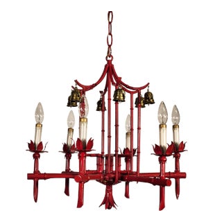 Vintage Faux Bamboo Pagoda Hollywood Regency 6 Light Birdcage Chandelier With Brass Bells For Sale