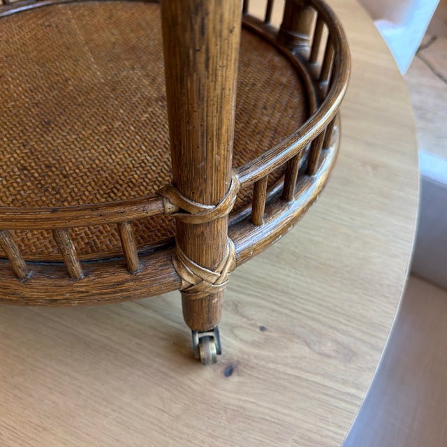 Wood Vintage McGuire Porto Petite Three-Tier Rattan End Table on Casters For Sale - Image 7 of 12