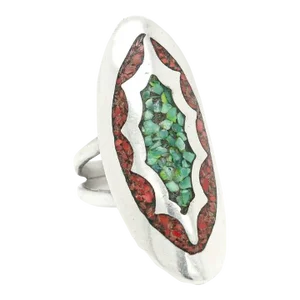 Vintage Southwestern Navette Shaped Silver, Chip Turquoise & Spiny Oyster Ring by Yke