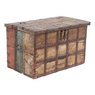 Large 19th Century Indian Iron Strapped Dowry Chest / Trunk For Sale