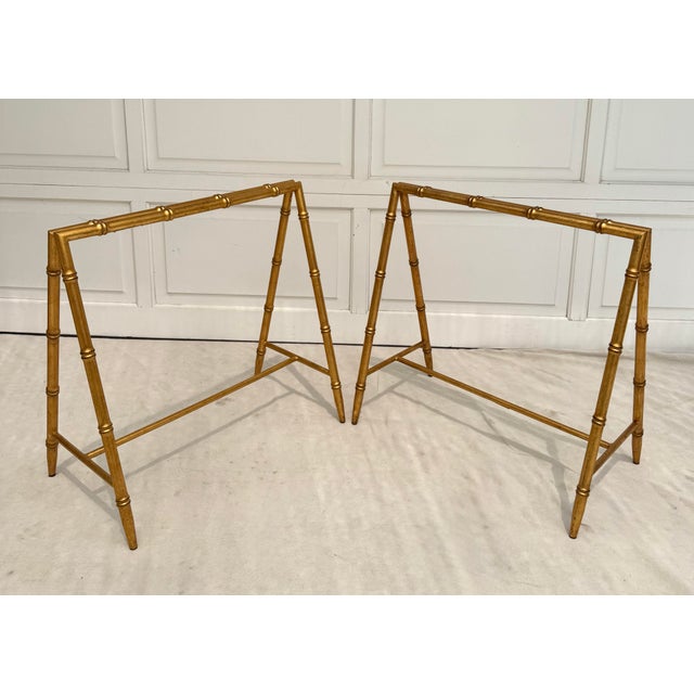 Mastercraft Pair Vintage Gilt Faux Bamboo Sawhorse Form Table Bases in the Style of Tony Duquette For Sale - Image 4 of 10