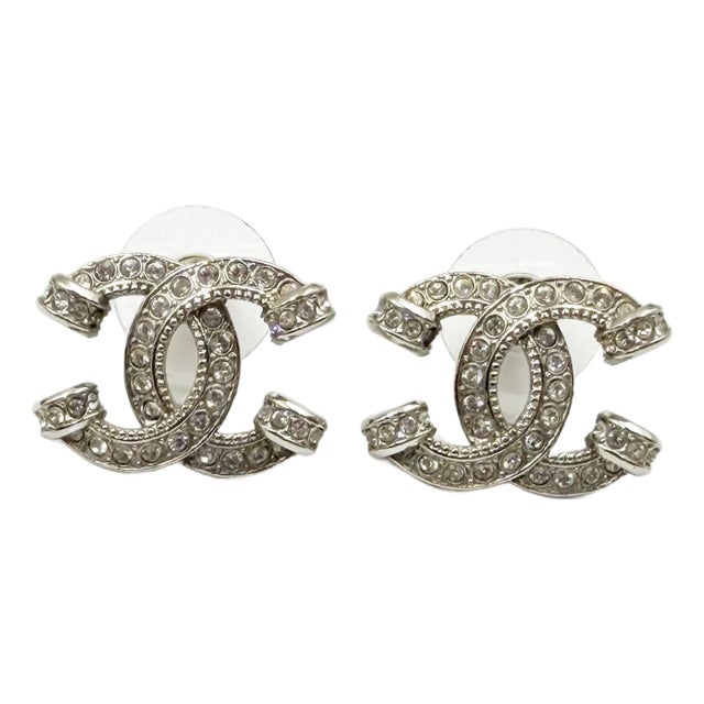 Chanel Silver CC Crystal Pillar Piercing Earrings, A Pair For Sale
