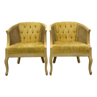Vintage Cane & Tufted Velvet Barrel Chairs - Pair For Sale