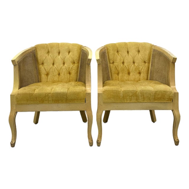 Vintage Cane & Tufted Velvet Barrel Chairs - Pair For Sale