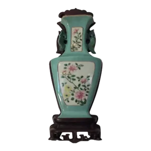 Antique 19th Century Chinese Famille Rose Porcelain Wall Pocket Vase on Carved Hardwood Stand