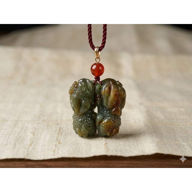 Dark Green Pair Natural Jade Stone Green Brown Pixiu Fengshui Fortune Pendants Figures For Sale - Image 8 of 9
