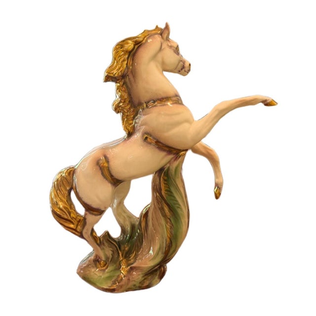 Mid-Century Modern Rearing Stallion Ceramic Sculpture with Liquid Gold Accents A dramatic and exceptionally stylized mid-...