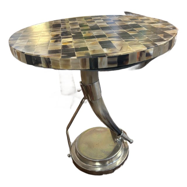 Tessellated Horn Checkerboard End Table With Horn and Chrome Base For Sale
