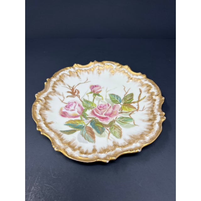 1900 - 1909 Antique French Limoges Hand Painted Rose Cabinet Plate, Gilt Scalloped Edge, c.1900 For Sale - Image 5 of 8