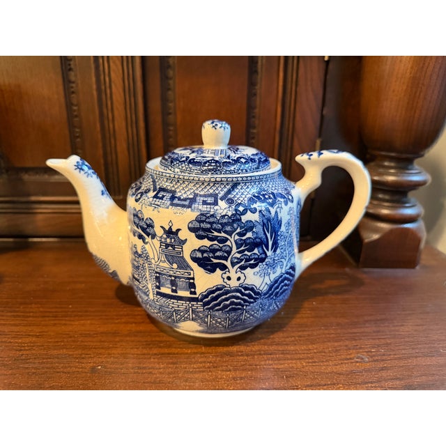 Japanese Vintage Japanese Blue Willow Blue & White Transferware Teapot With Lid For Sale - Image 3 of 11