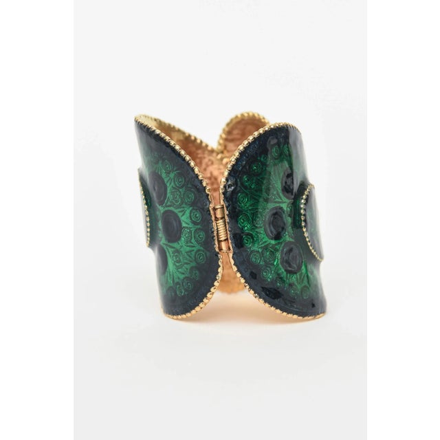 Modern Vintage Robert Signed Wide Guilloche Green, Blue And Gold Enameled Cuff Bracelet For Sale - Image 3 of 12
