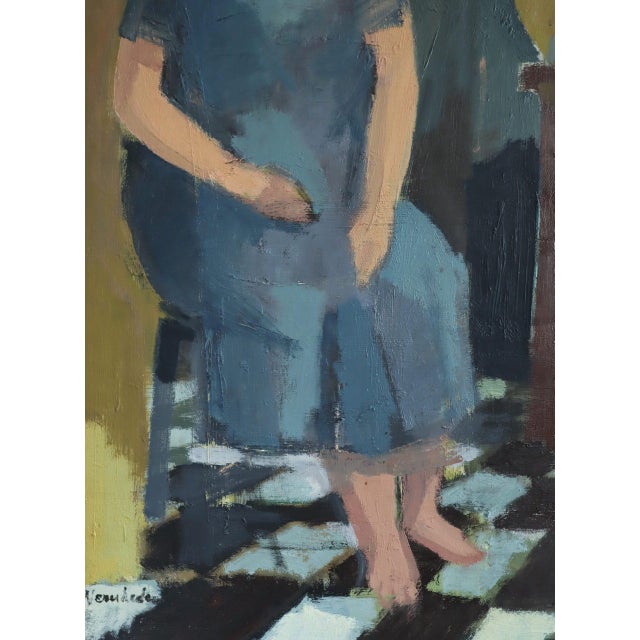 Blue Mid-Century Modern 'Presence in Blue' Swedish Original Figurative Interior Oil Painting, Framed For Sale - Image 8 of 13