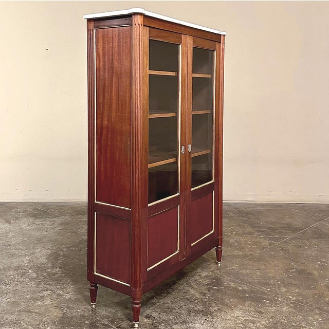 Wood Antique French Louis XVI Style Mahogany Vitrine ~ Bookcase With Carrara Marble For Sale - Image 7 of 18