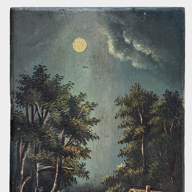 Figurative Vintage Folk Art Moonlit Nocturne Riverscape With Figures in a Boat, Signed (Oil on Board) For Sale - Image 3 of 4