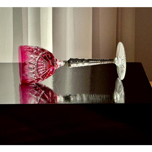Pink Ruby Cut Crystal Hock Glasses with Peacock and Starburst Cutting, 1950, Set of 6 For Sale - Image 8 of 18