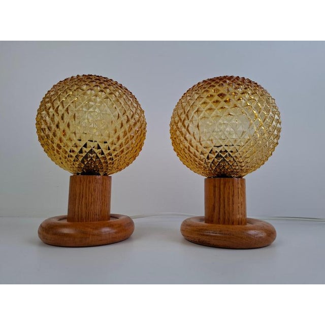 Mid-Century Modern Table Lamps with Amber Glass and Wood Base, Czechoslovakia, 1980, Set of 2 For Sale - Image 13 of 17