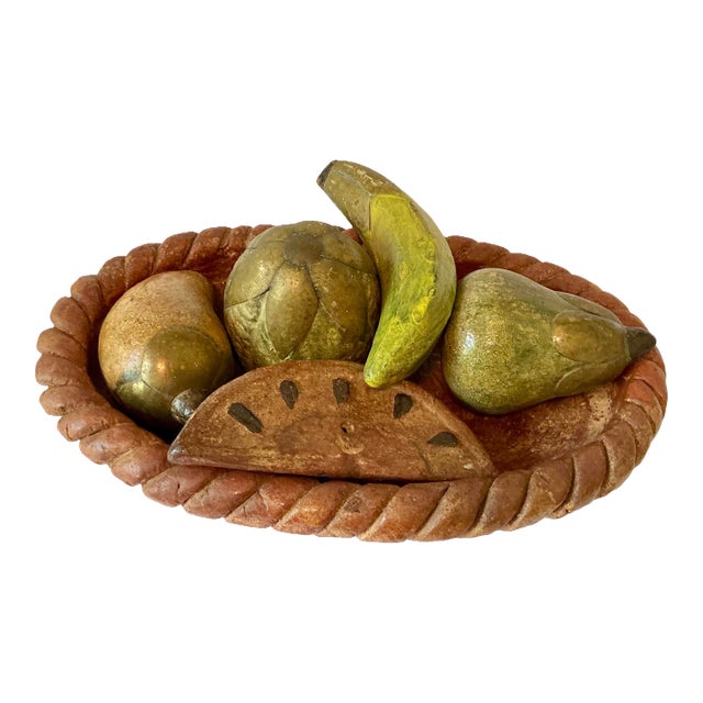 Vintage Terra Cotta Pottery Bowl With Metal Clad Fruit For Sale