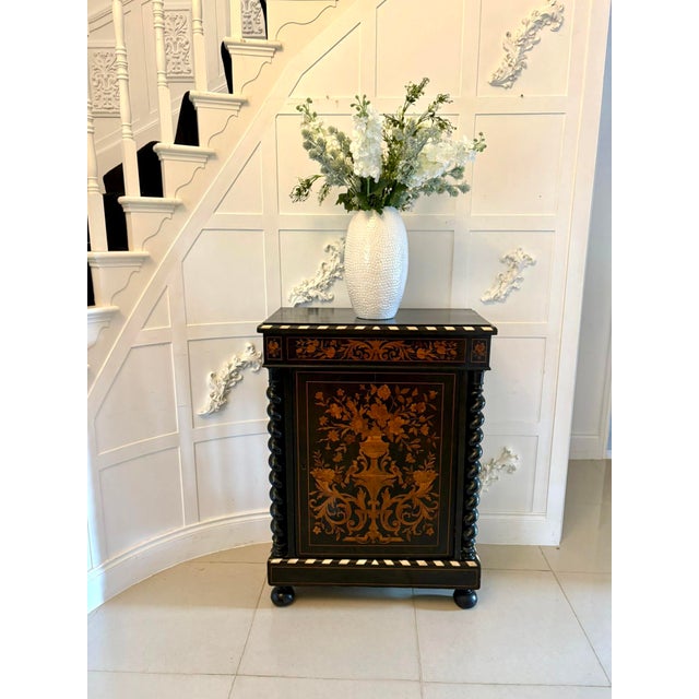 Antique Victorian Floral Marquetry and Ebonised Side Cabinet, 1860 For Sale - Image 4 of 18